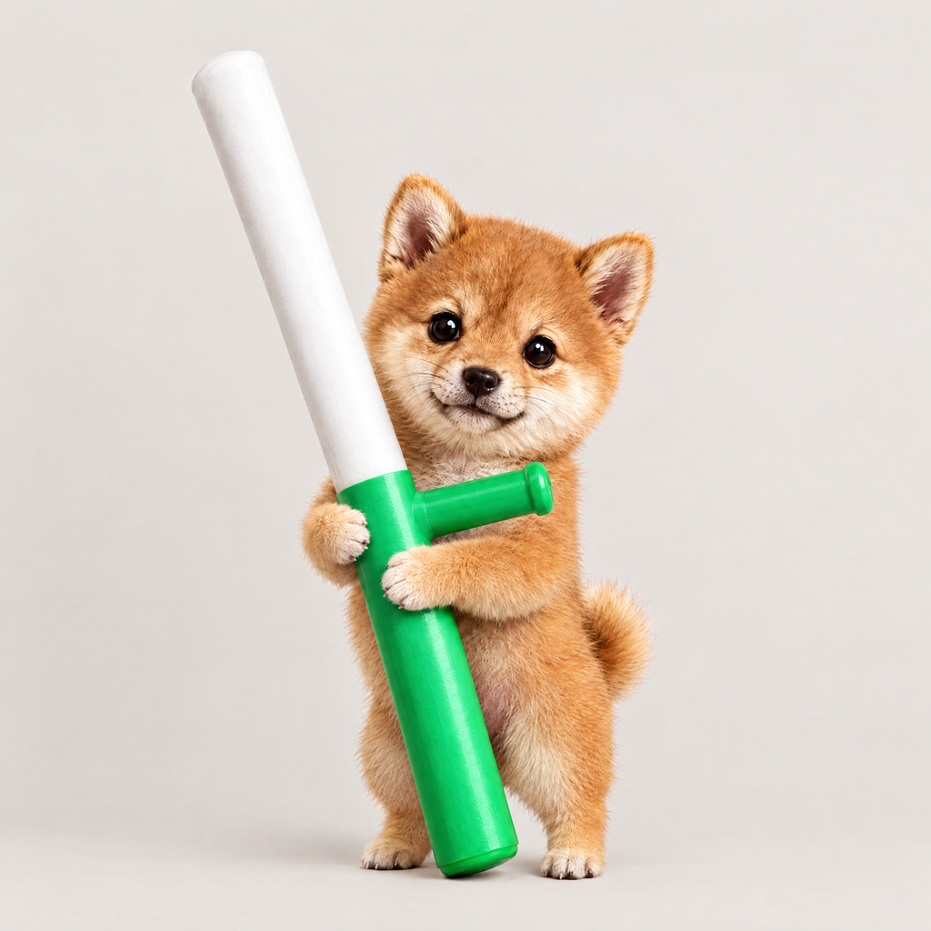 A tiny Shiba puppy hugging a white-and-green baton